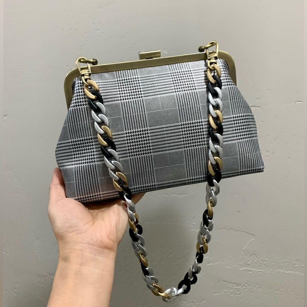 Handmade Genuine Leatherplaid Printedpush-Lockclutch/Shoulderbag/Crossbody